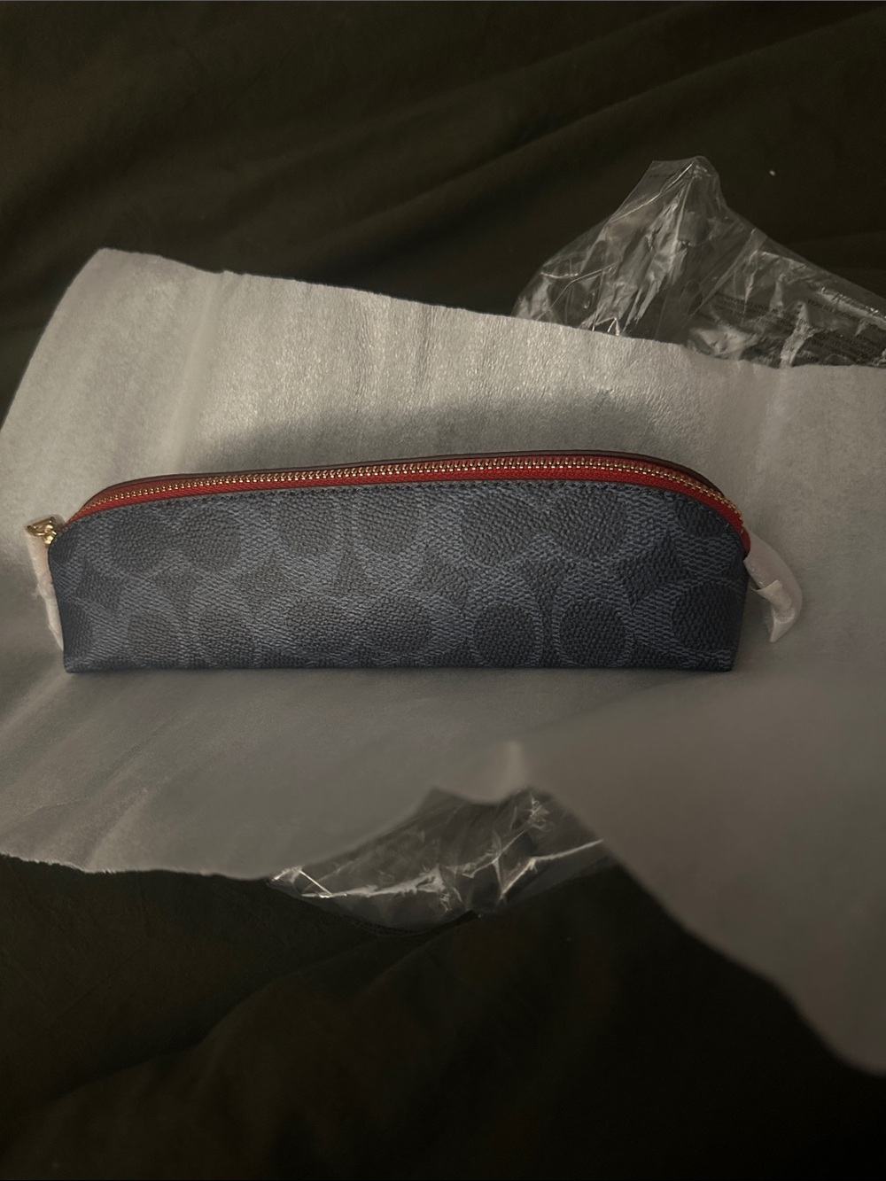 Coach Navy Signature Canvas Pencil Case with Red Zipper